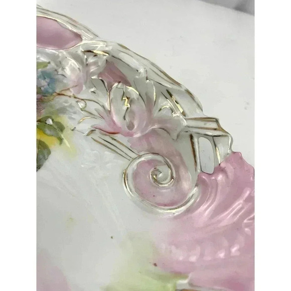 VTG Pink Green Porcelain Celery Dish Cut Out Handles Gold Accent Estate Find - Picture 10 of 14